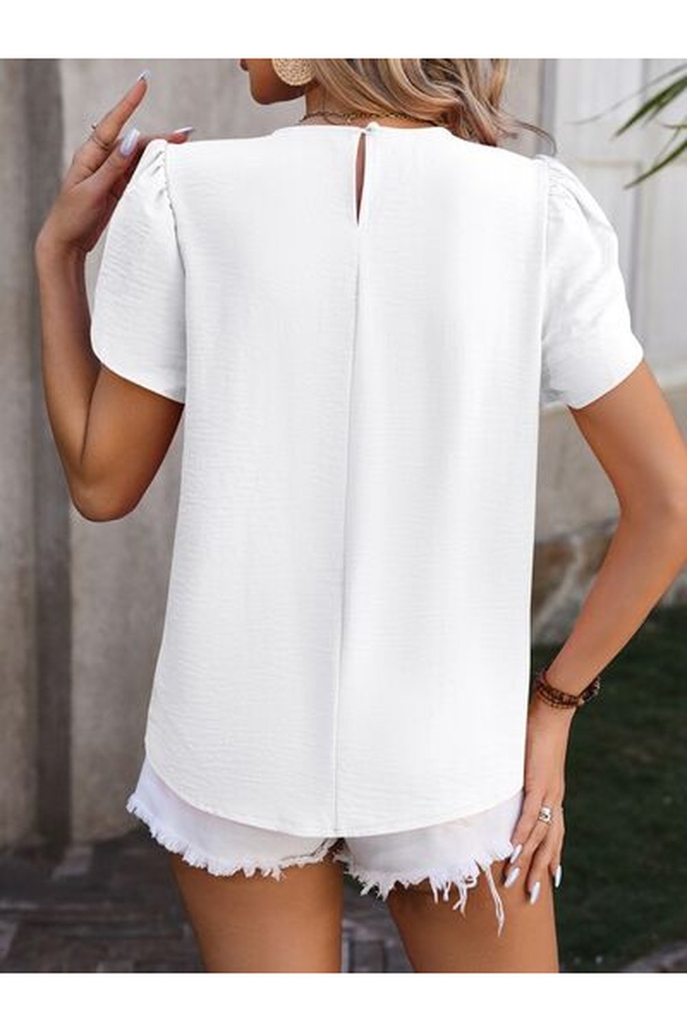 Ruched Round Neck Petal Sleeve Blouse