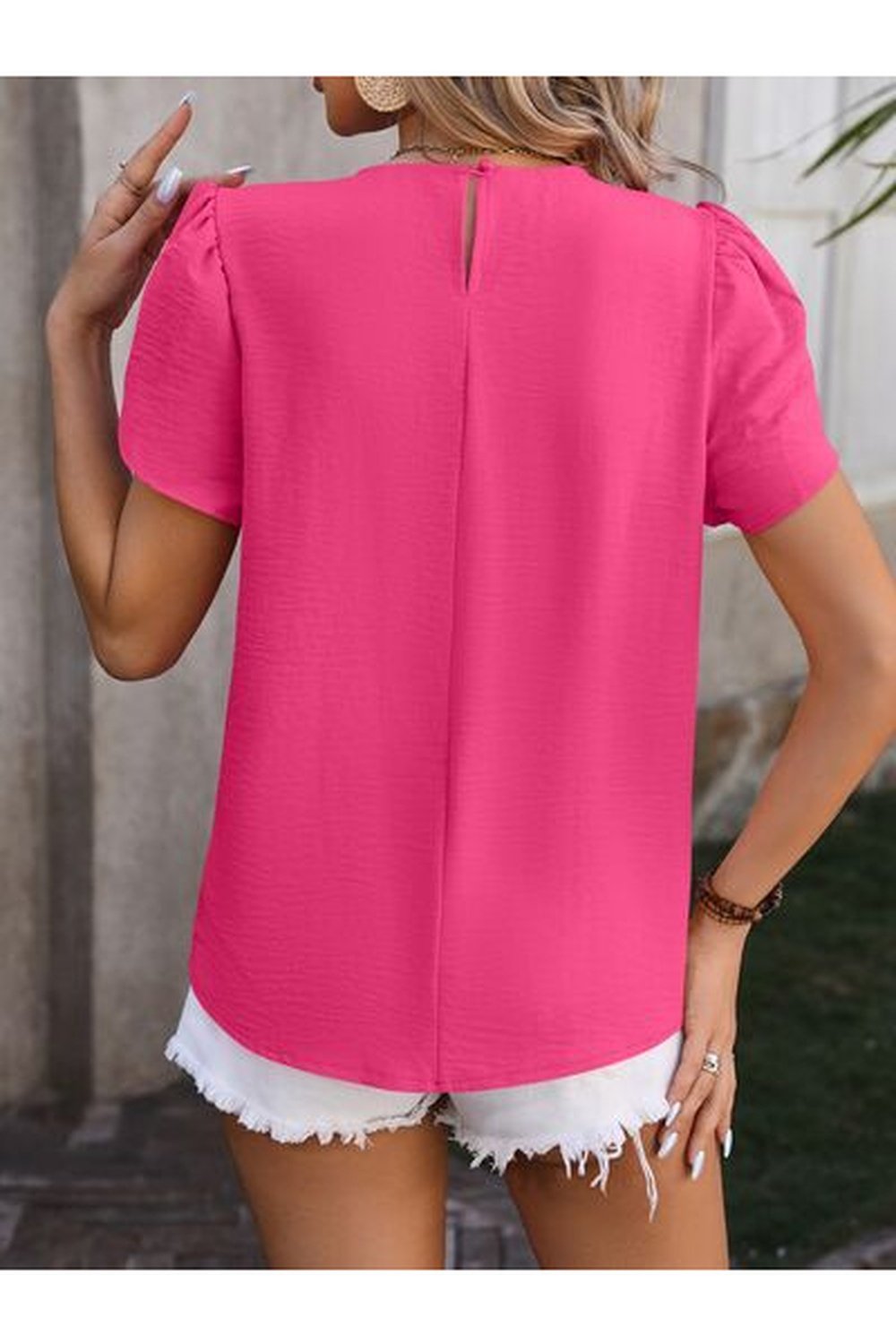 Ruched Round Neck Petal Sleeve Blouse