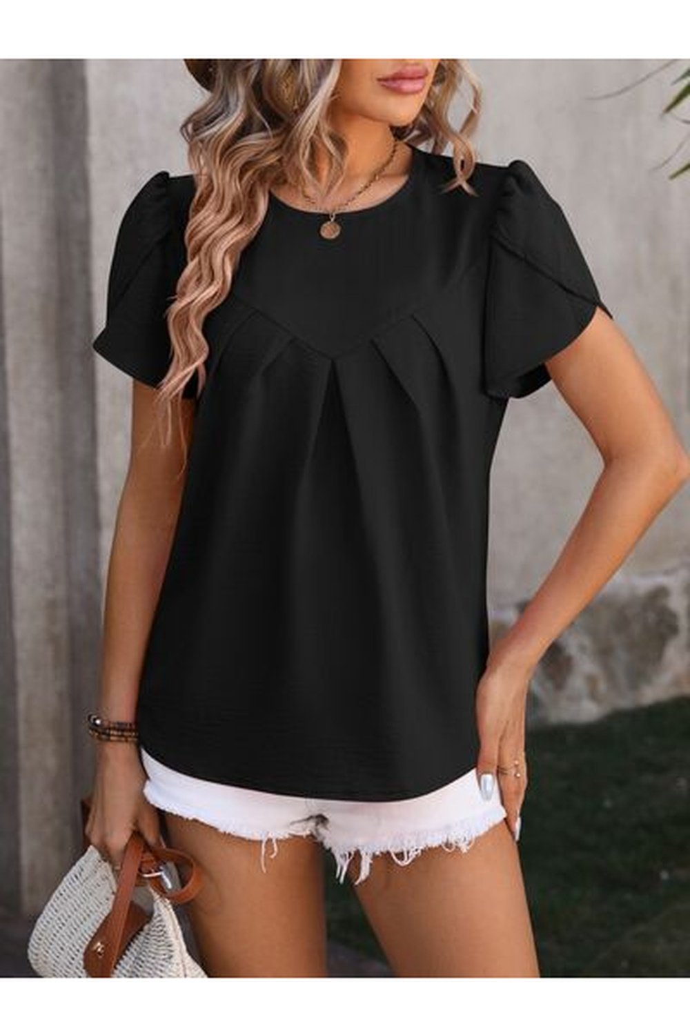 Ruched Round Neck Petal Sleeve Blouse