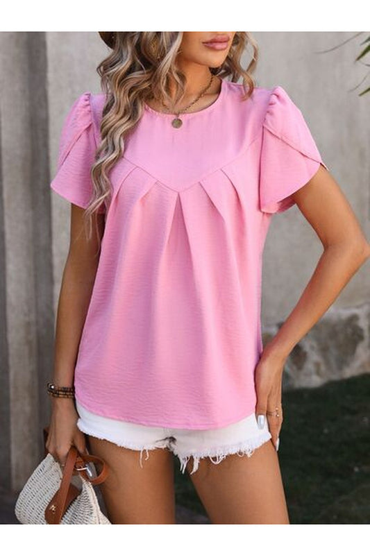 Ruched Round Neck Petal Sleeve Blouse