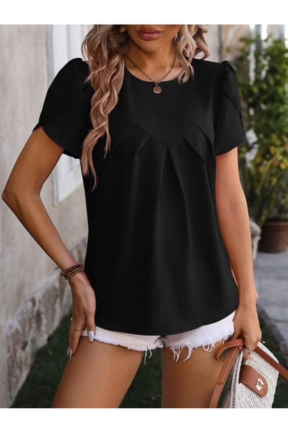 Ruched Round Neck Petal Sleeve Blouse