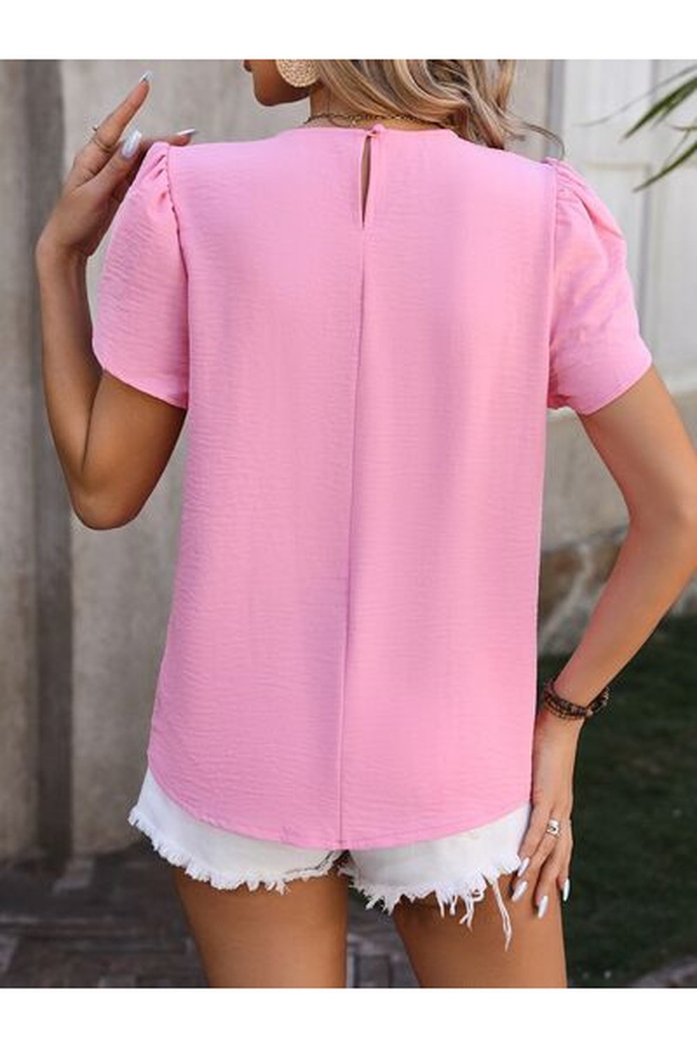 Ruched Round Neck Petal Sleeve Blouse