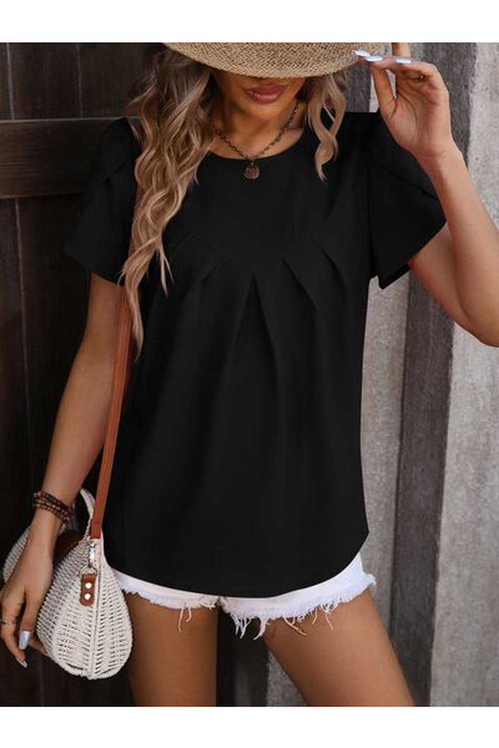 Ruched Round Neck Petal Sleeve Blouse