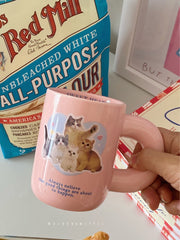 Pink Cute Kitten Mug for Girls To Drink Breakfast Coffee Milk Cup Ceramic Chubby Handle Christmas Gift