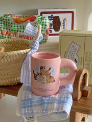 Pink Cute Kitten Mug for Girls To Drink Breakfast Coffee Milk Cup Ceramic Chubby Handle Christmas Gift