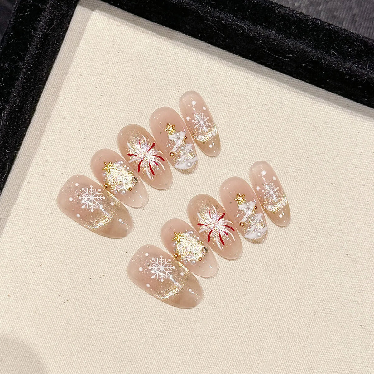 10Pcs Christmas Handmade Press on Nails Full Cover Fireworks Cat Eye Cute Pearl Rhinestone Wearable French Ballet Fake Nails Art