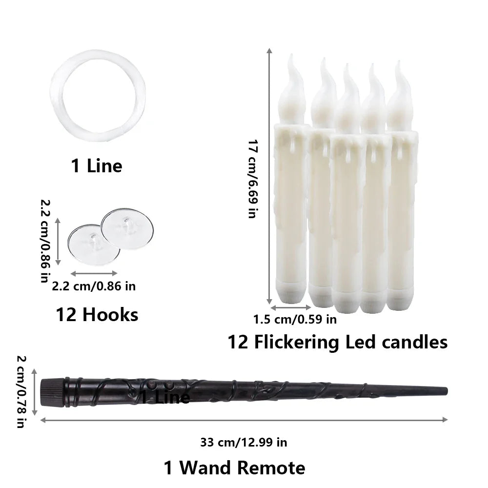 12pcs Flying Flameless LED Taper Candles with Wand Hanging Floating Candles Warm White Light for Halloween Christmas Party Decor