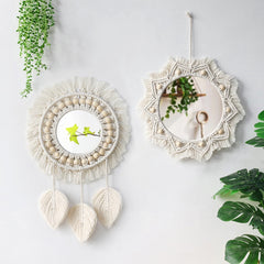 Round Macrame Decorative Wall Mirror for Boho Home Decor Makeup Aesthetic Living Room Bedroom Christmas Wedding Decoration Gift