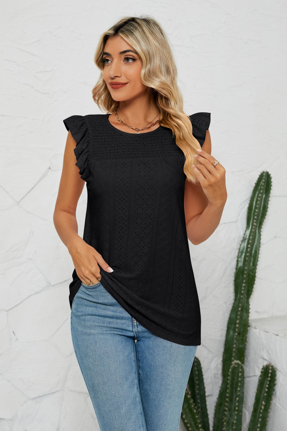 Smocked Round Neck Eyelet Top