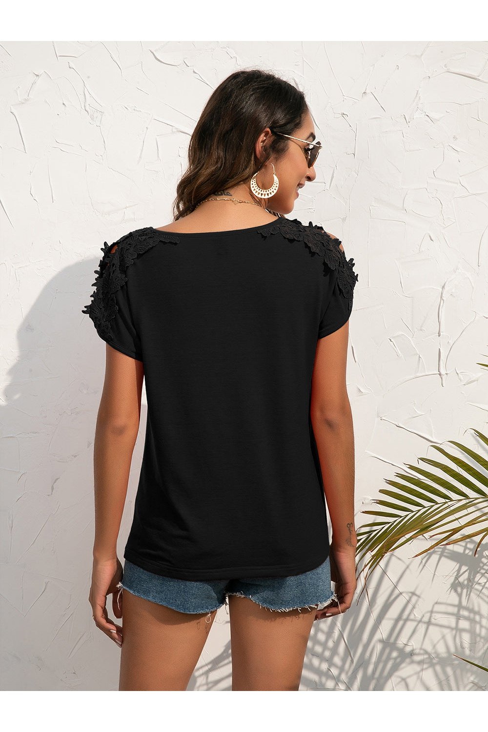 Spliced Lace Cold-Shoulder Blouse