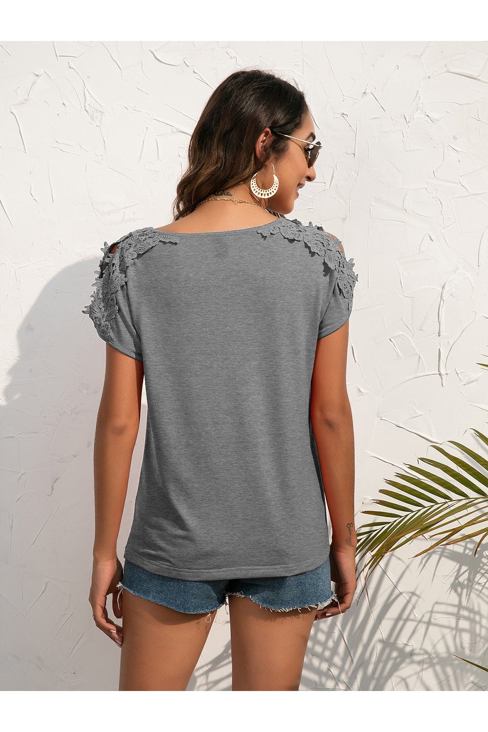 Spliced Lace Cold-Shoulder Blouse