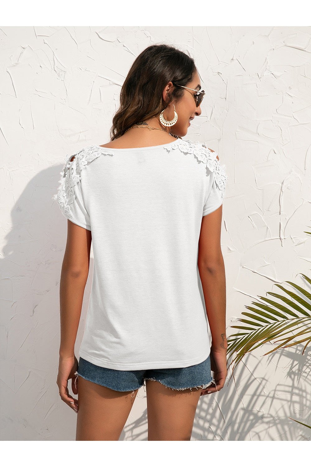 Spliced Lace Cold-Shoulder Blouse