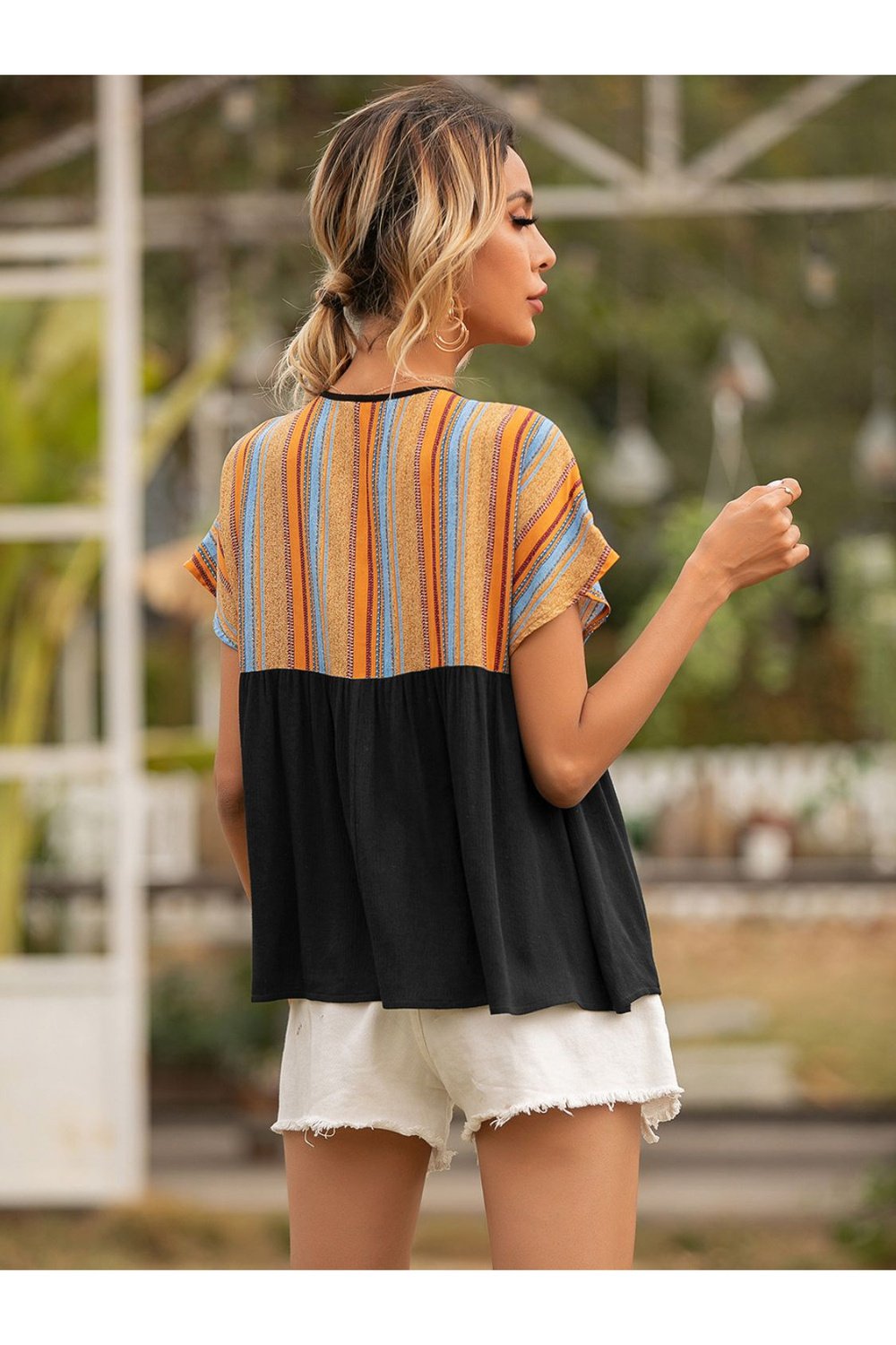 Striped Tie Neck Short Sleeve Blouse