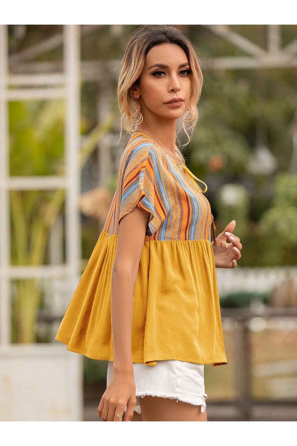 Striped Tie Neck Short Sleeve Blouse