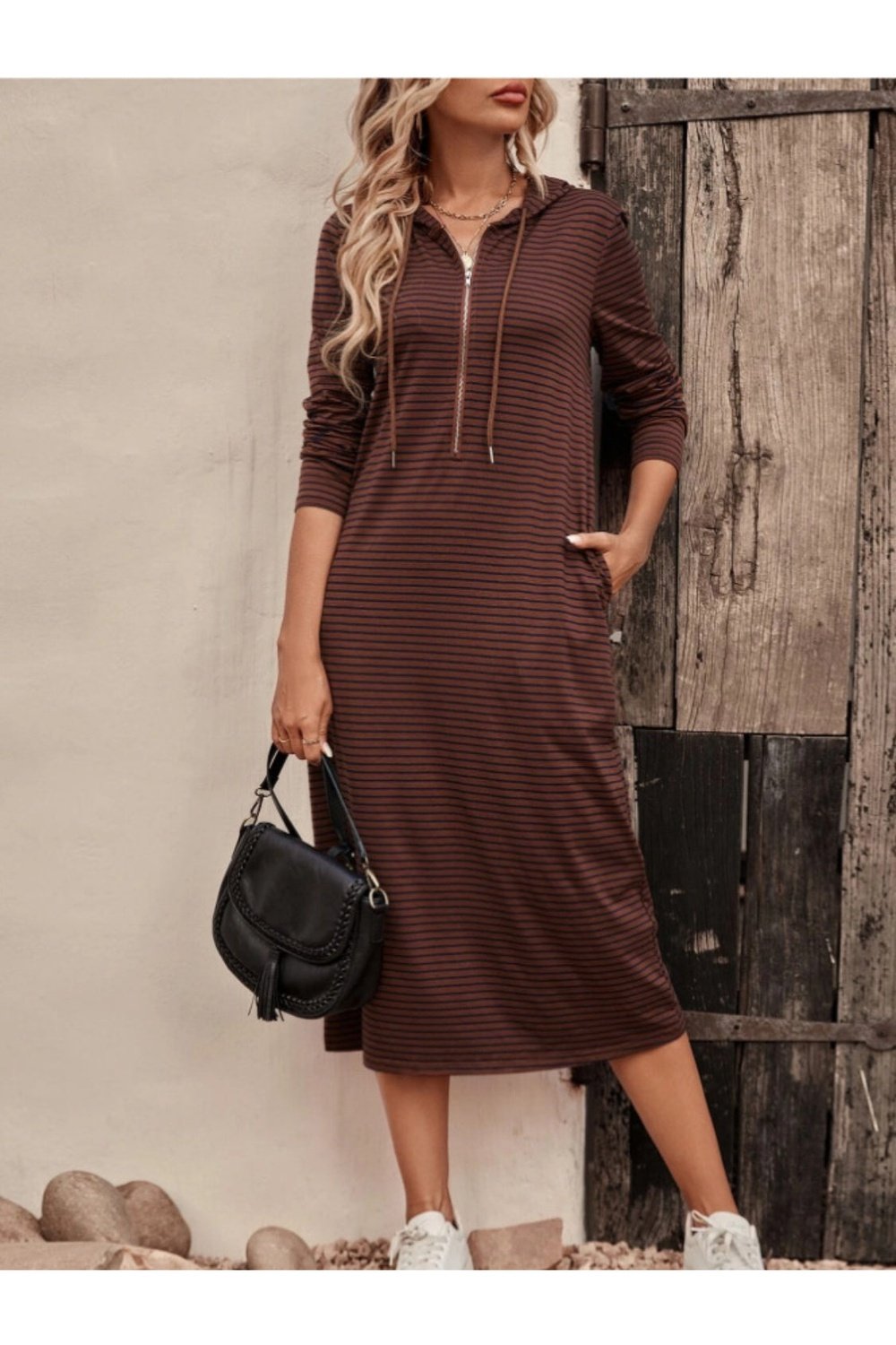 Striped Zip Front Hooded Dress