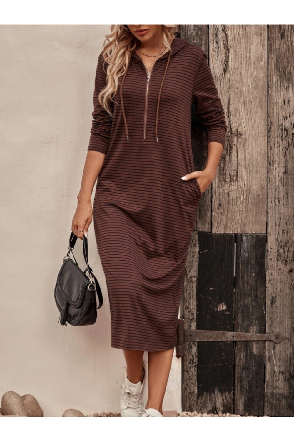 Striped Zip Front Hooded Dress