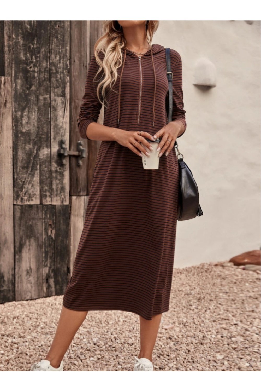 Striped Zip Front Hooded Dress