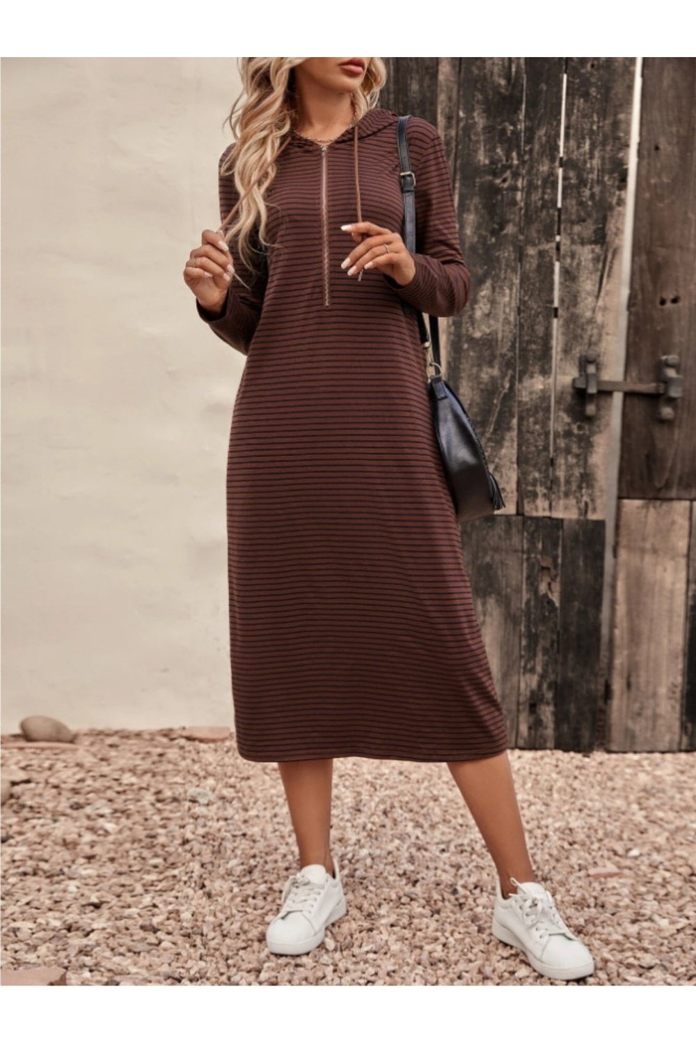 Striped Zip Front Hooded Dress