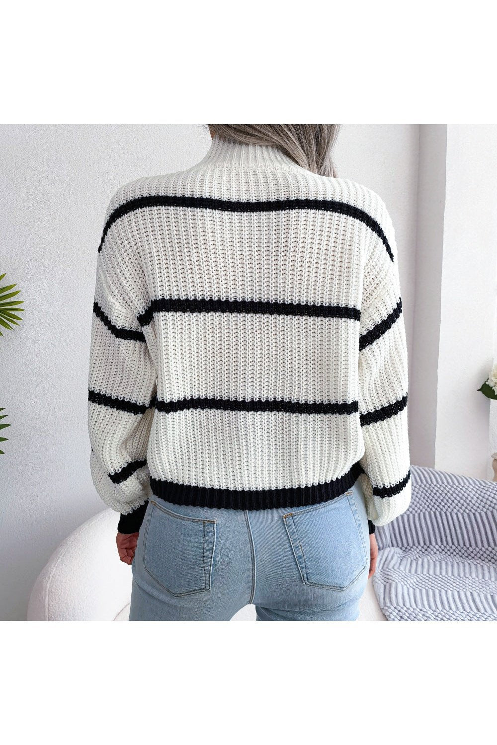 Striped High Neck Rib-Knit Lantern Sleeve Sweater