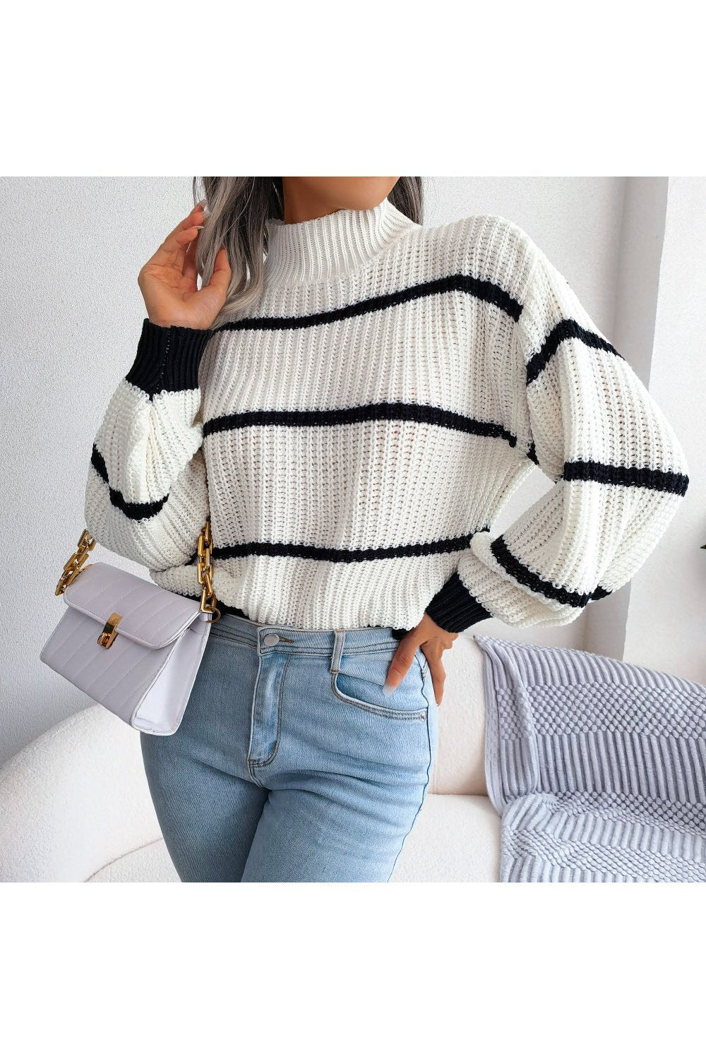 Striped High Neck Rib-Knit Lantern Sleeve Sweater