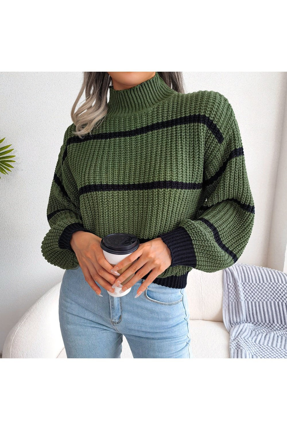 Striped High Neck Rib-Knit Lantern Sleeve Sweater