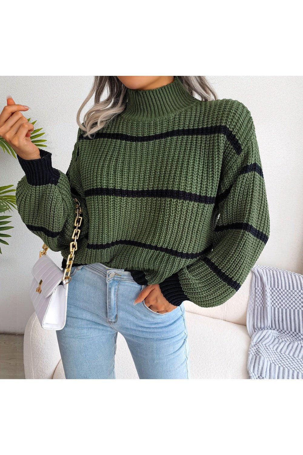 Striped High Neck Rib-Knit Lantern Sleeve Sweater