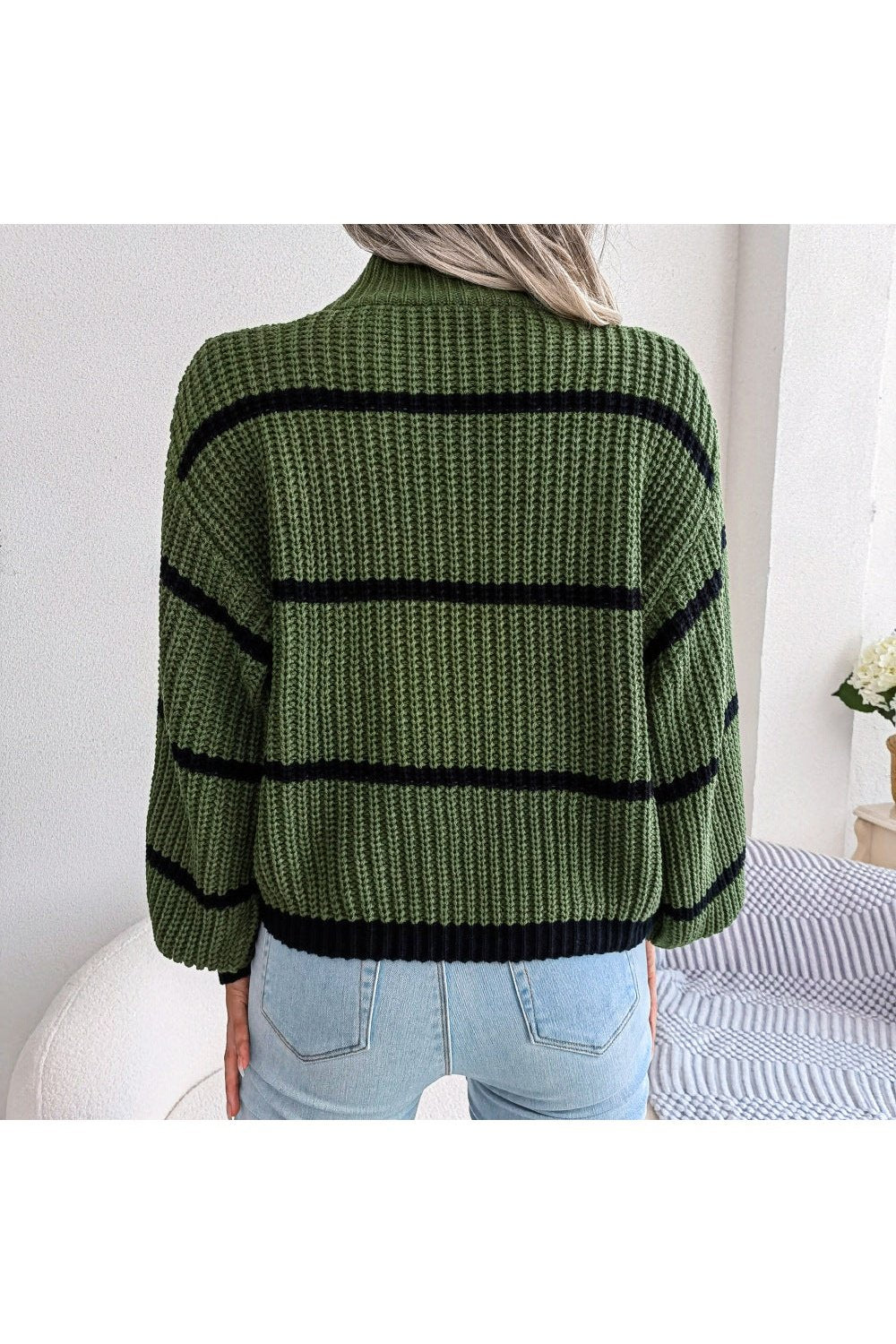 Striped High Neck Rib-Knit Lantern Sleeve Sweater