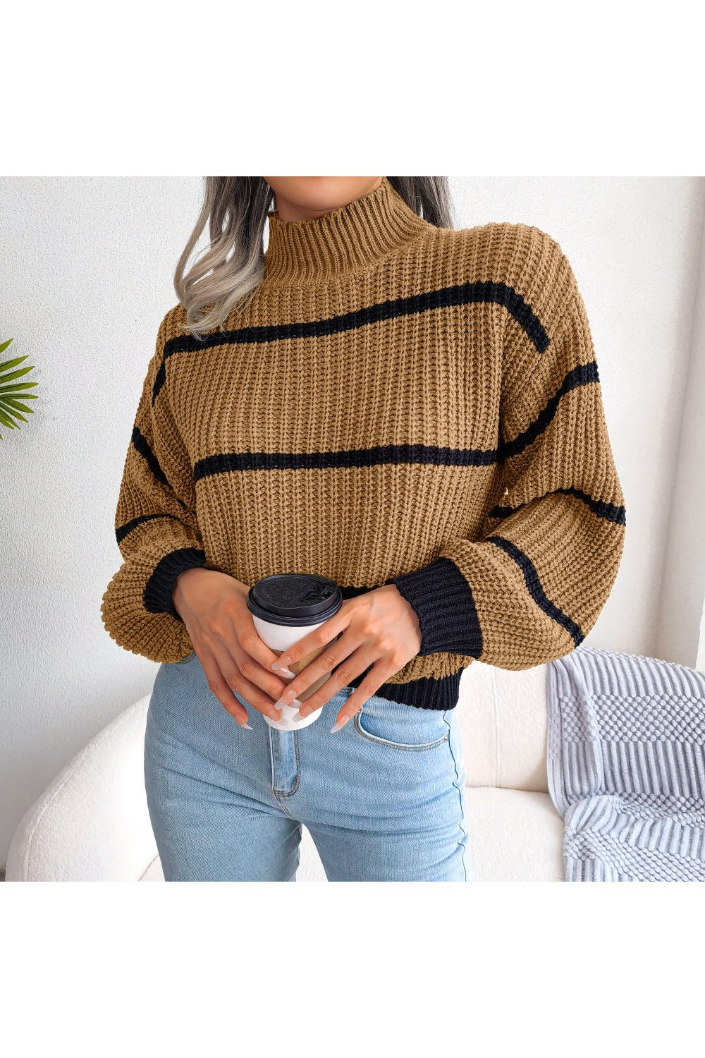 Striped High Neck Rib-Knit Lantern Sleeve Sweater