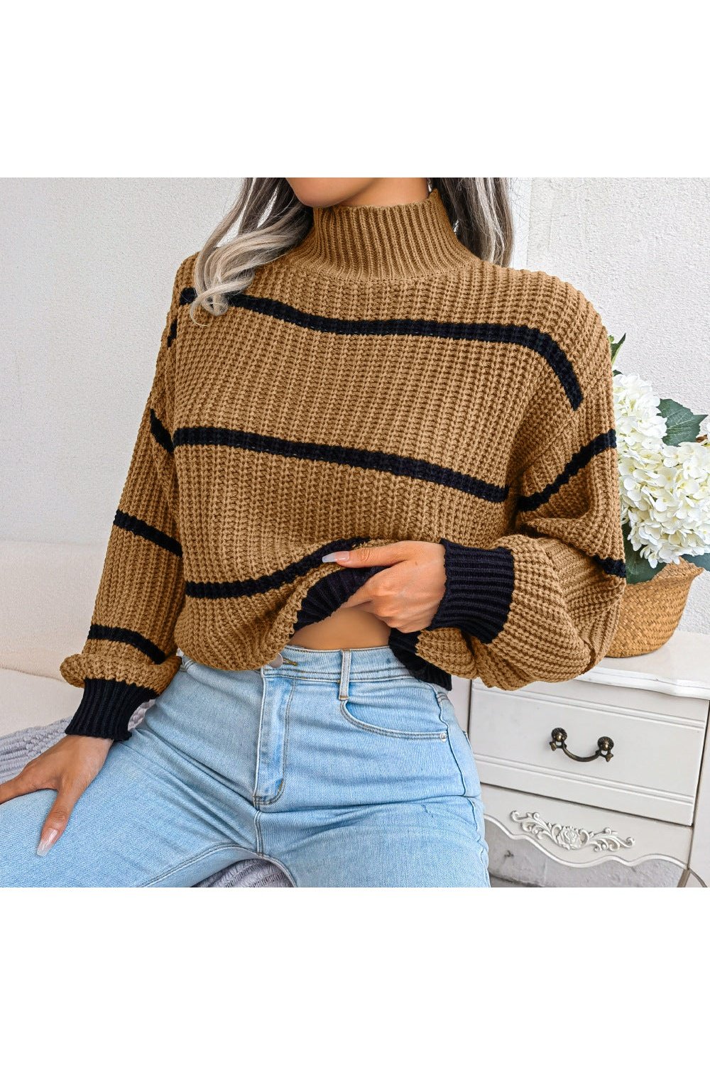 Striped High Neck Rib-Knit Lantern Sleeve Sweater