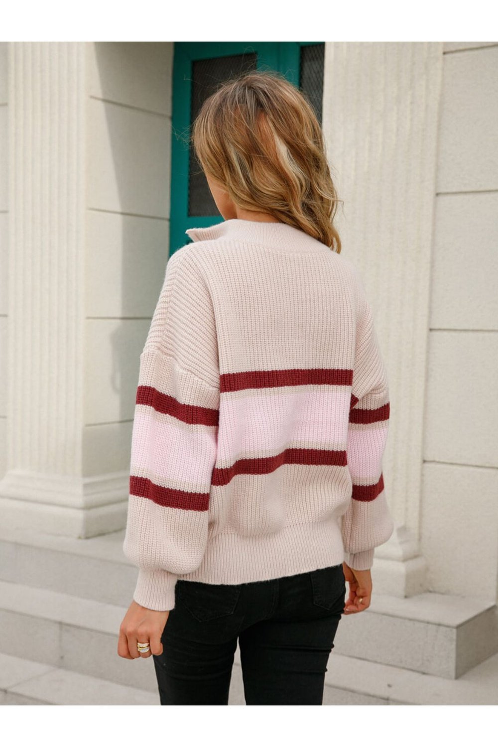 Striped Quarter-Zip Lantern Sleeve Sweater