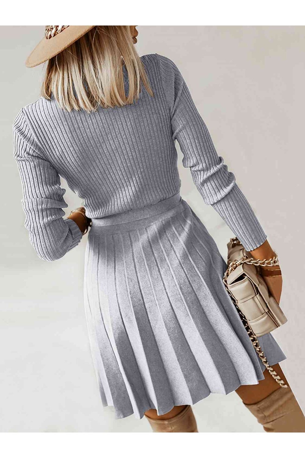 Surplice Neck Tie Front Pleated Sweater Dress