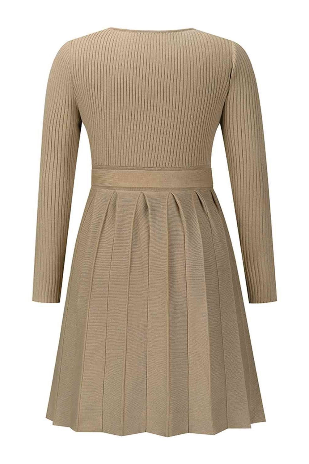 Surplice Neck Tie Front Pleated Sweater Dress