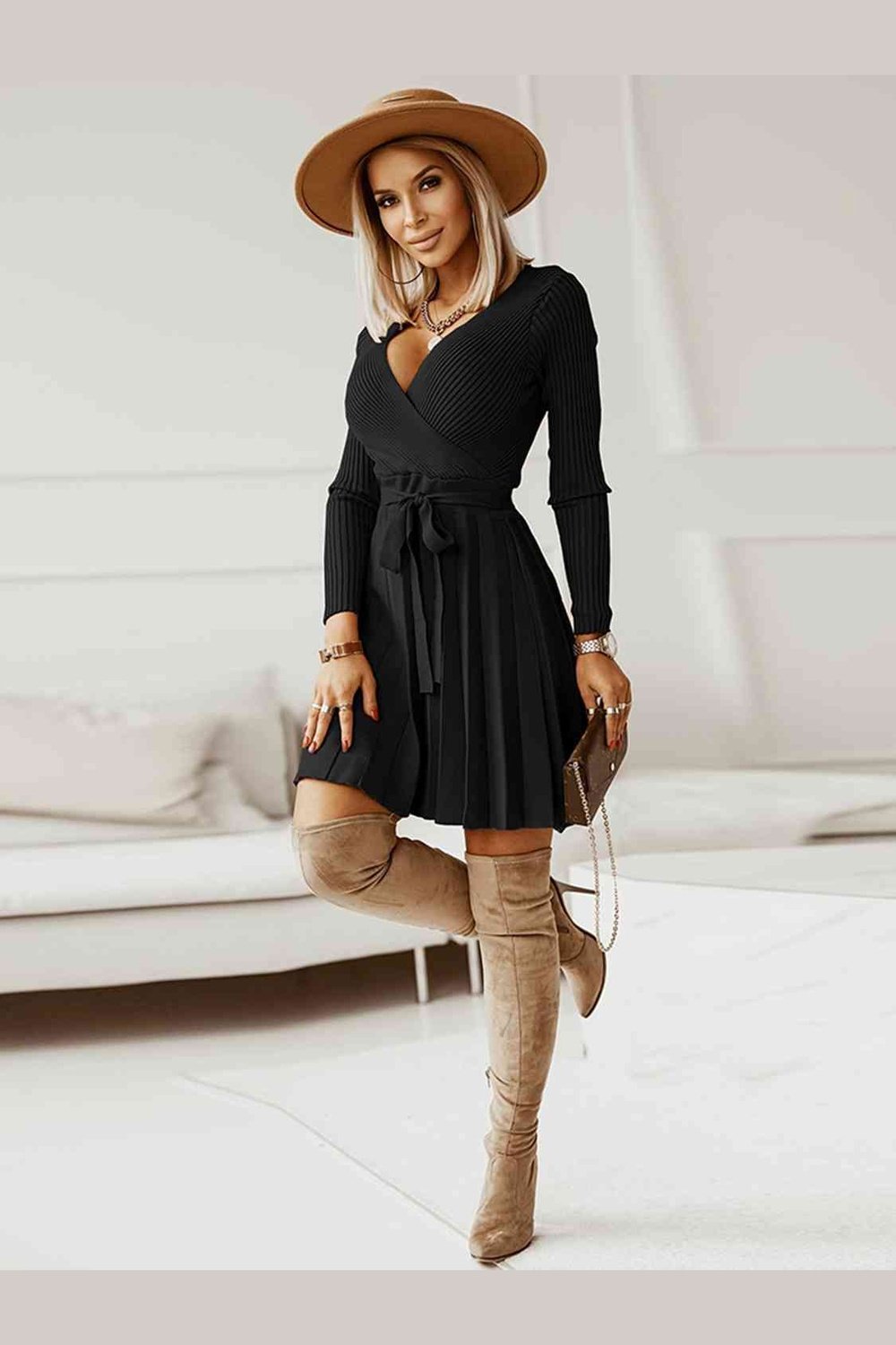 Surplice Neck Tie Front Pleated Sweater Dress