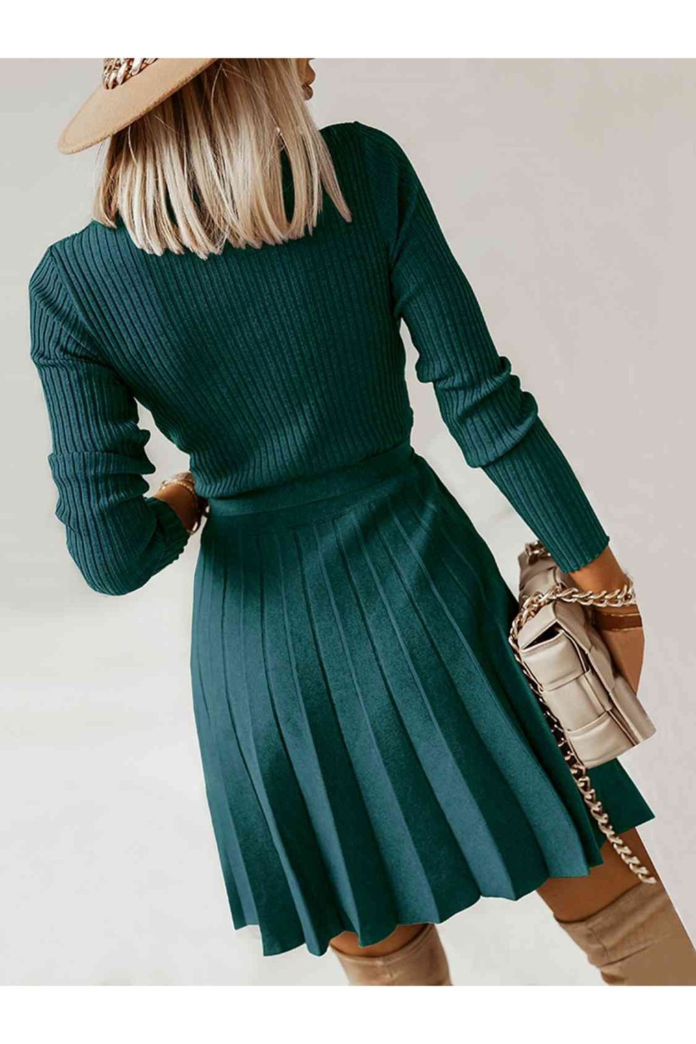 Surplice Neck Tie Front Pleated Sweater Dress