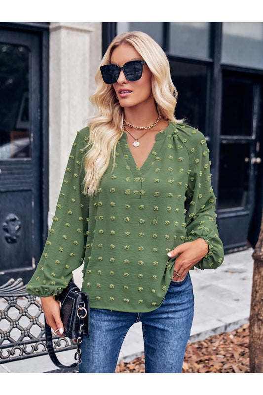 Swiss Dot Notched Neck Long Sleeve Blouse