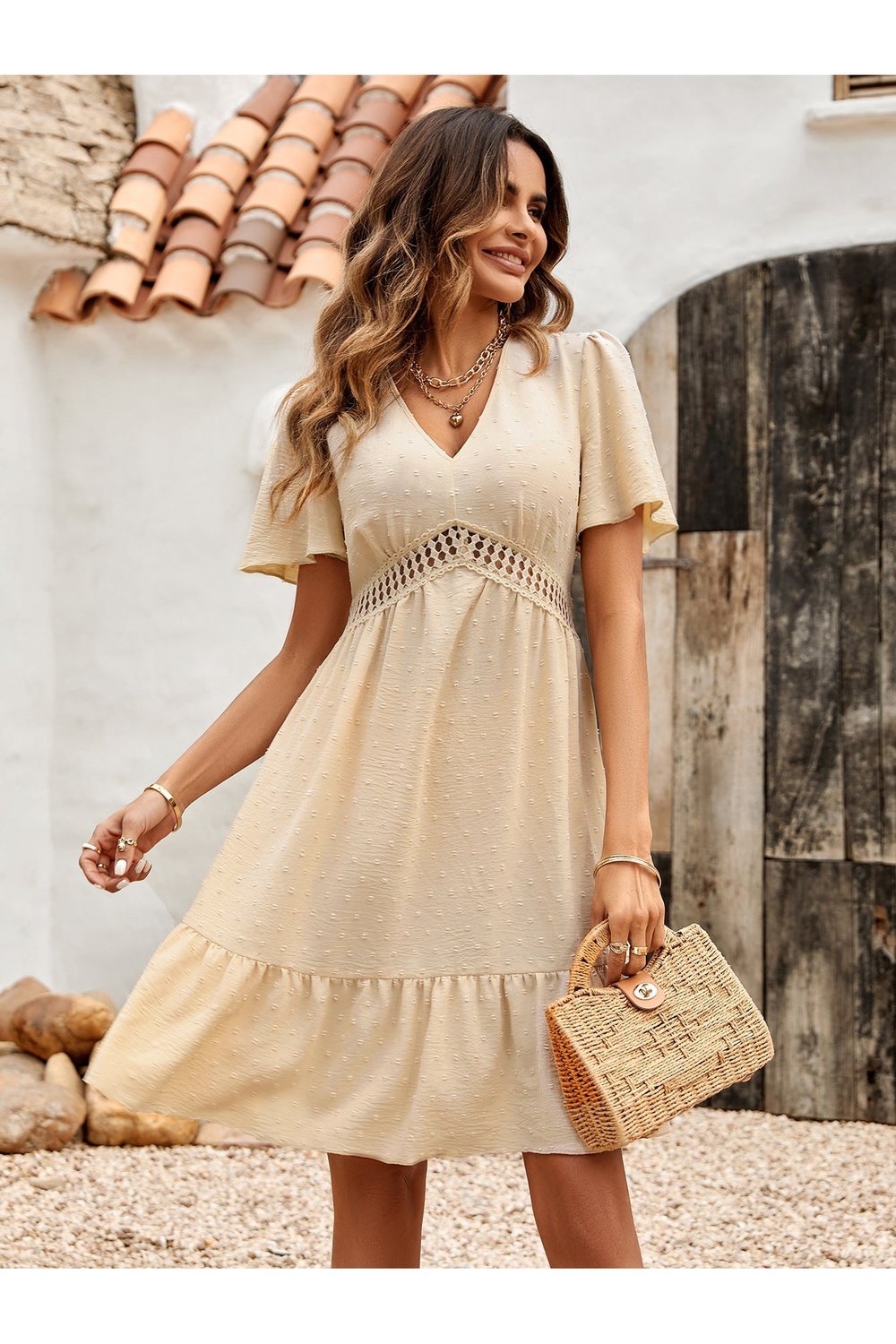 Swiss Dot V-Neck Openwork Puff Sleeve Dress