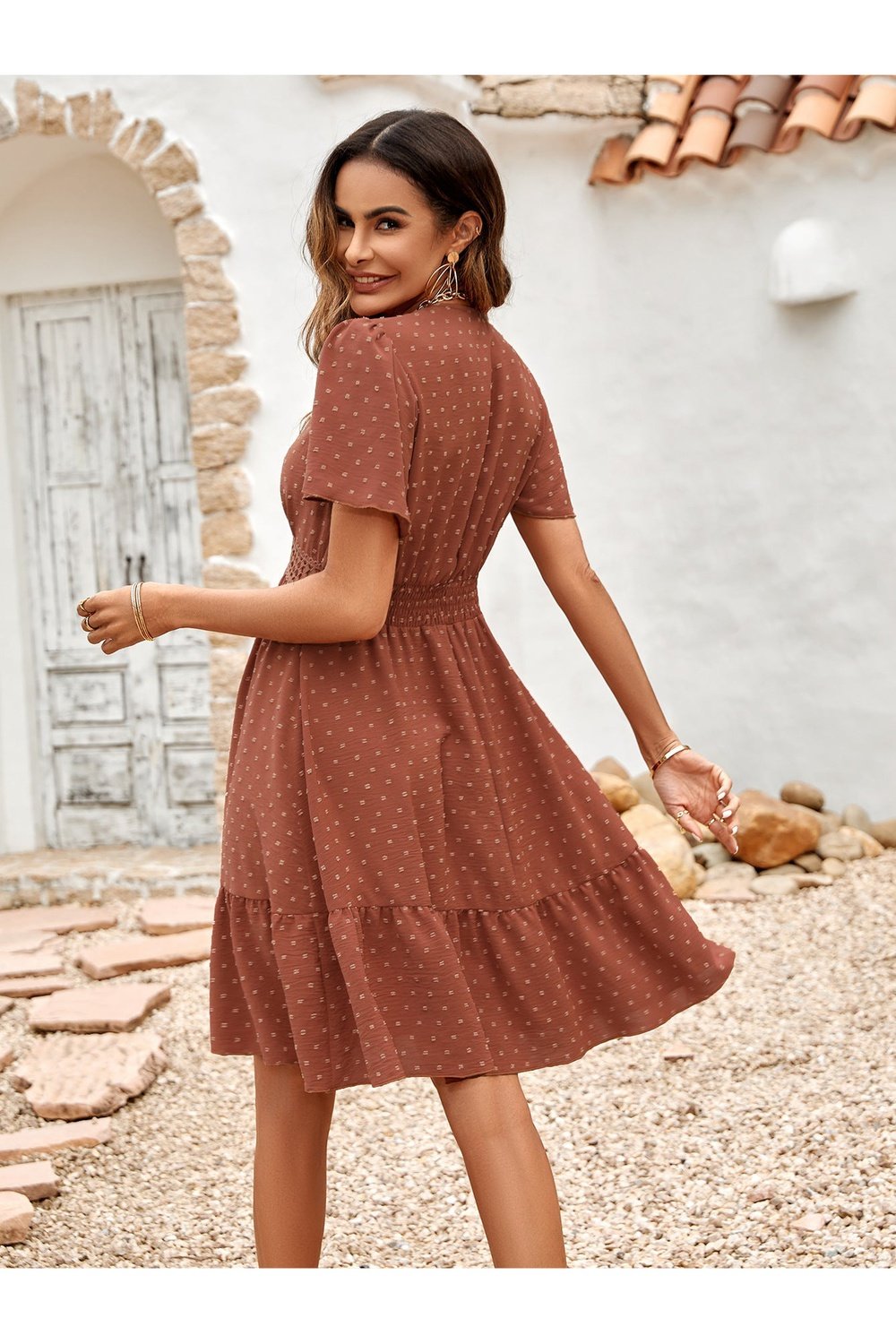 Swiss Dot V-Neck Openwork Puff Sleeve Dress