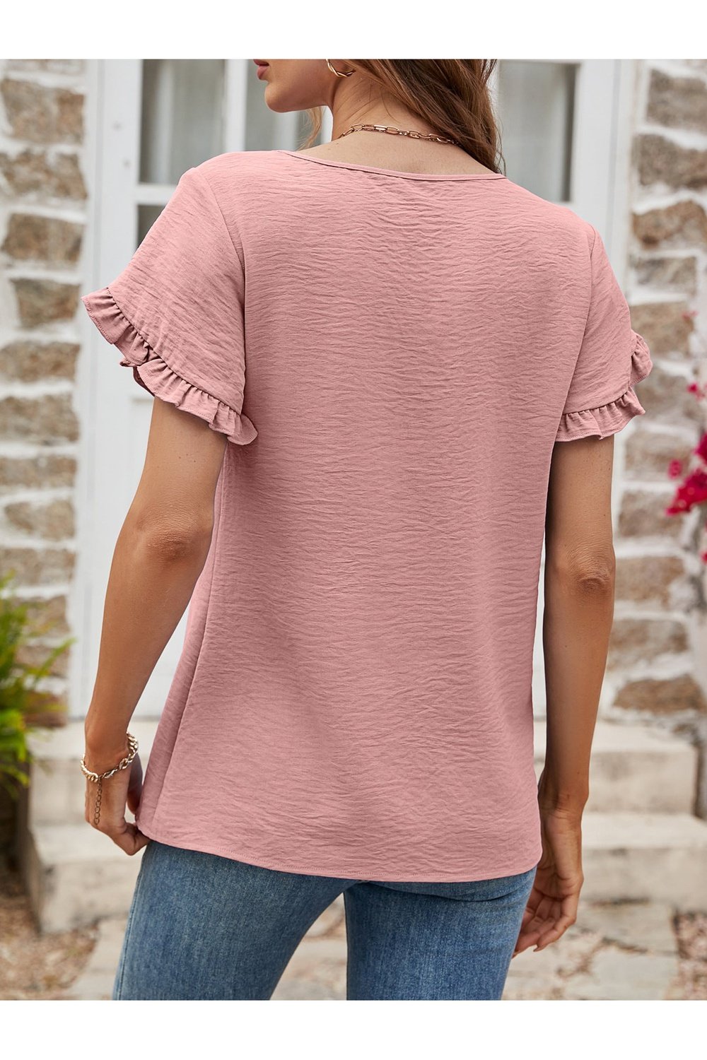 Textured Petal Sleeve Round Neck Tee