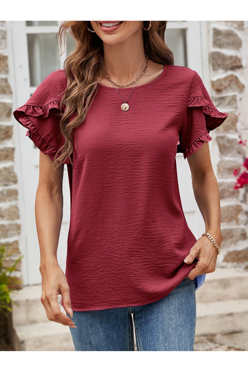 Textured Petal Sleeve Round Neck Tee