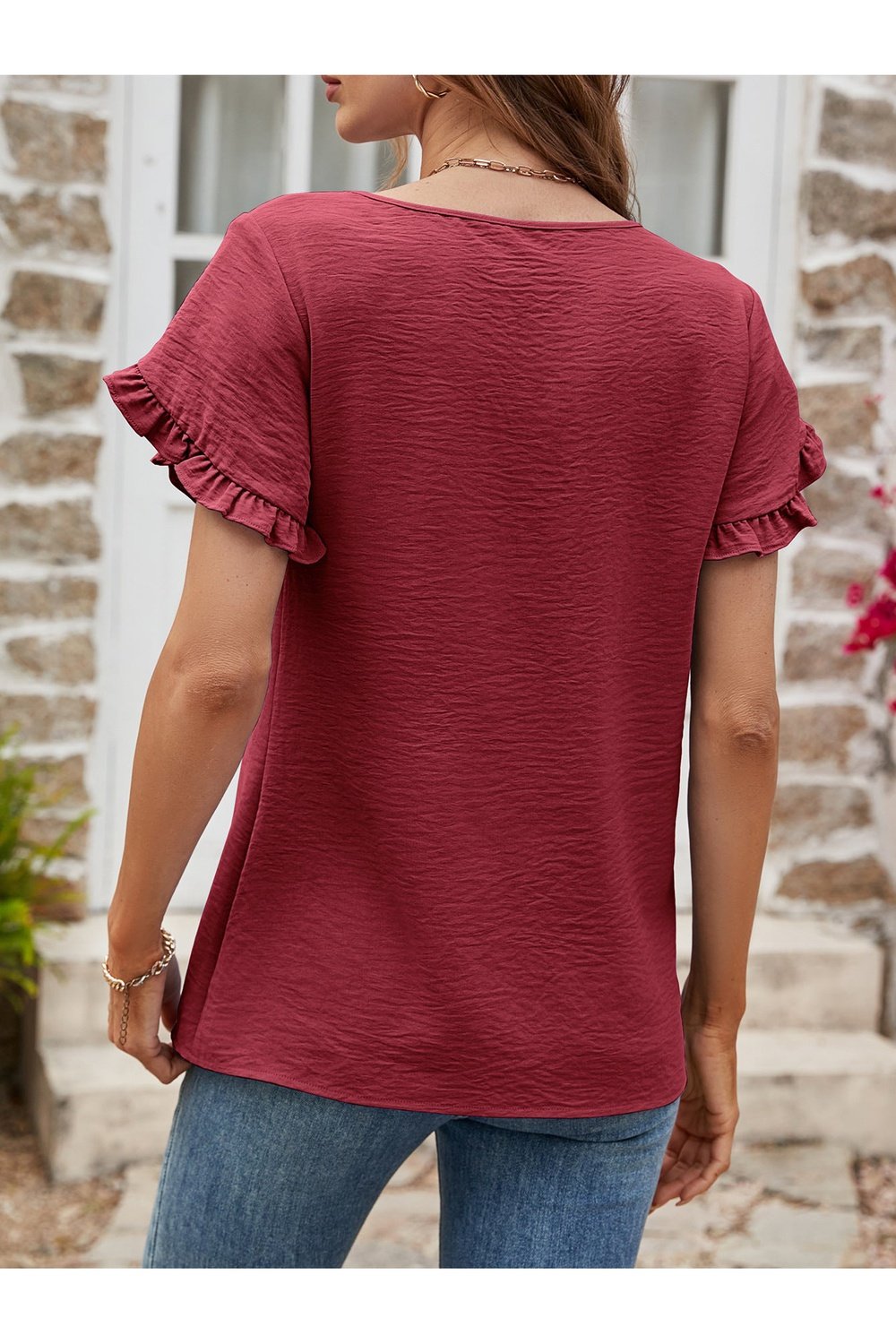 Textured Petal Sleeve Round Neck Tee