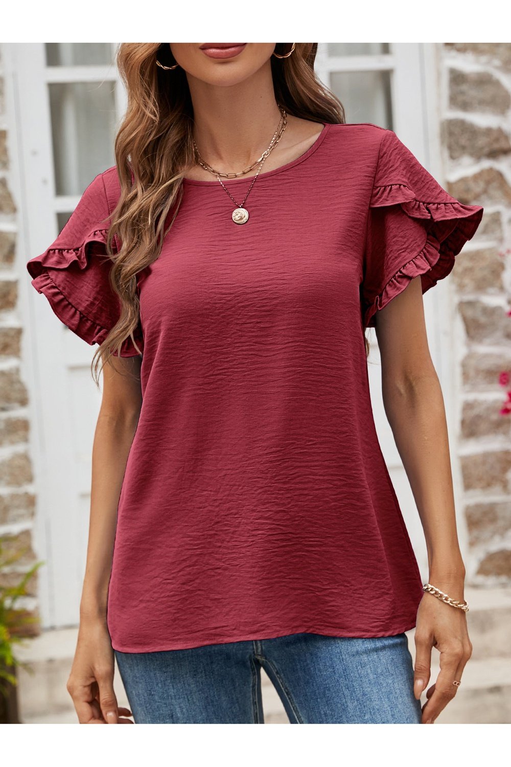 Textured Petal Sleeve Round Neck Tee