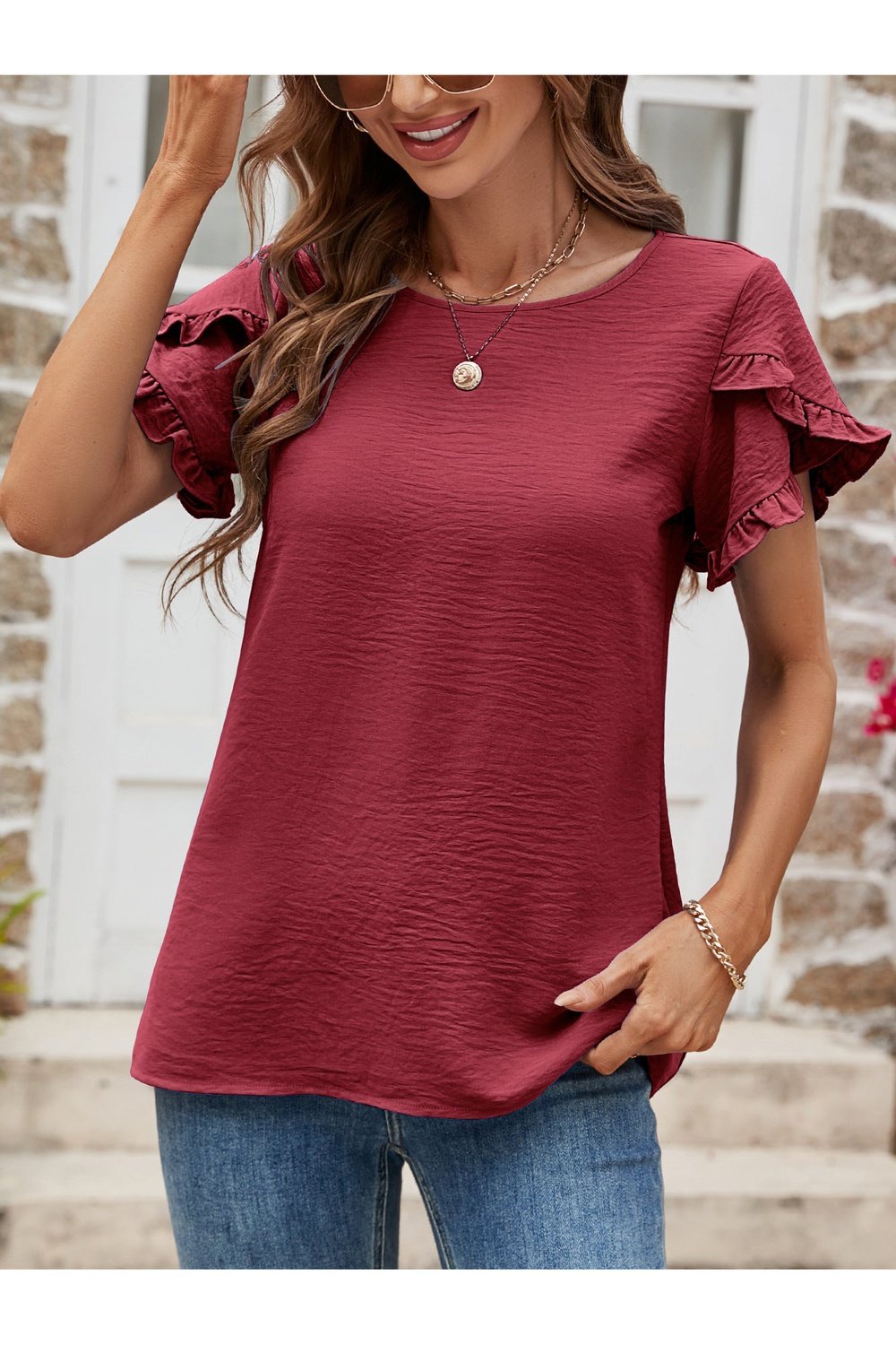 Textured Petal Sleeve Round Neck Tee