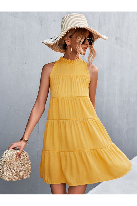 Tie Back Mock Neck Tiered Dress