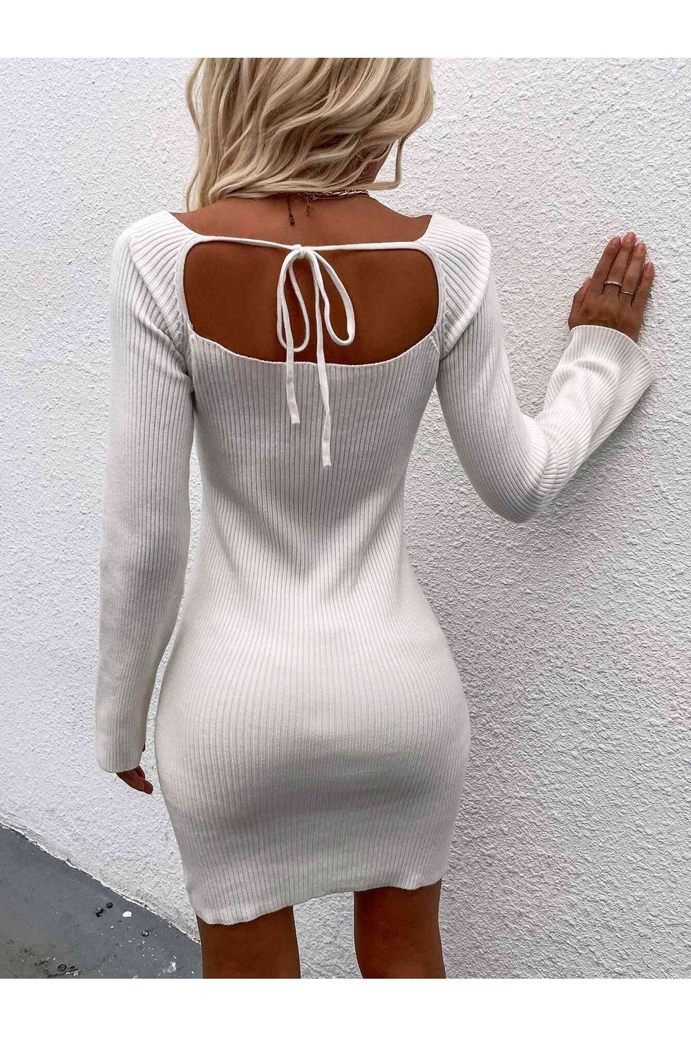 Tie Back Square Neck Long Sleeve Sweater Dress