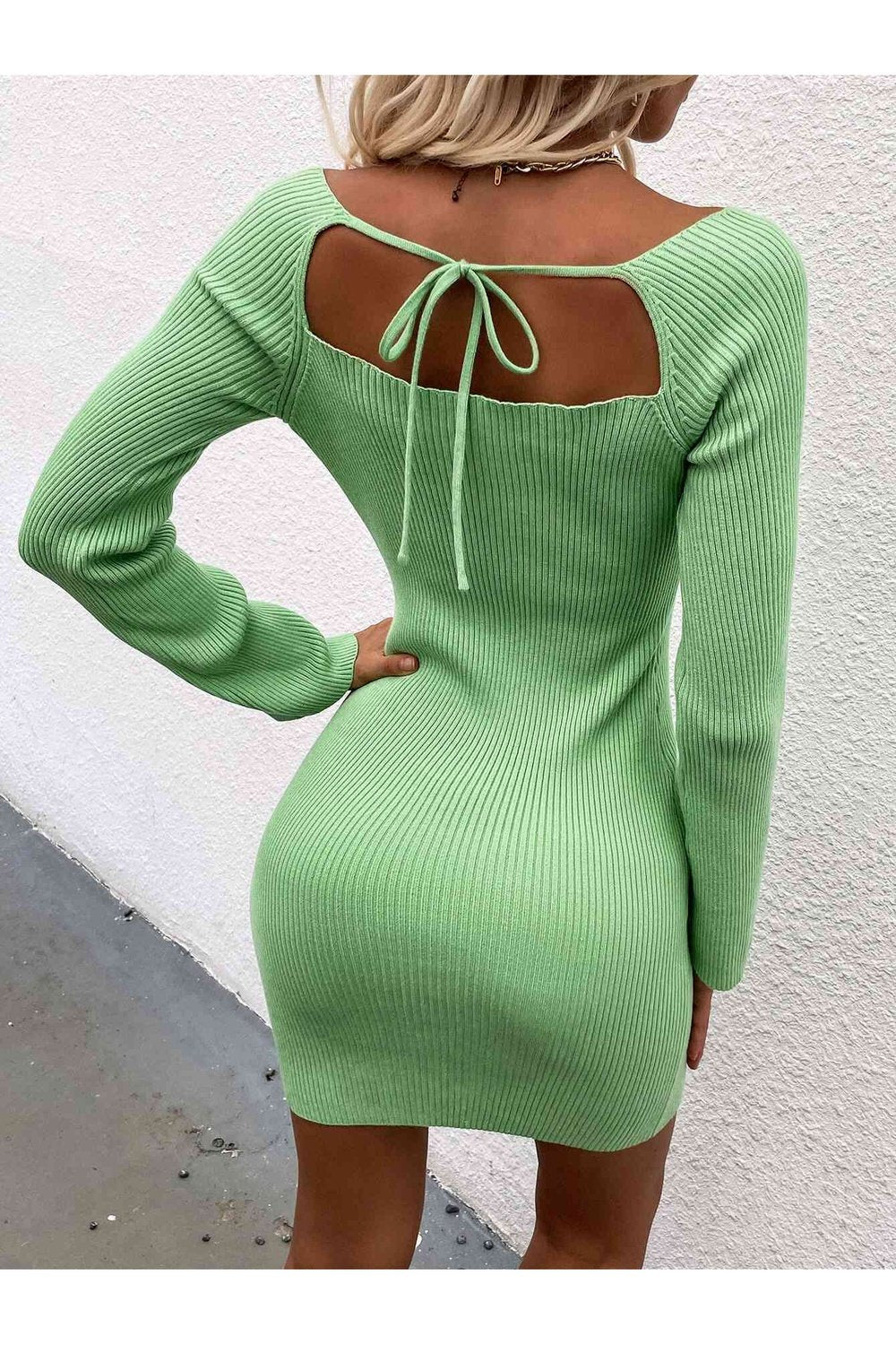 Tie Back Square Neck Long Sleeve Sweater Dress