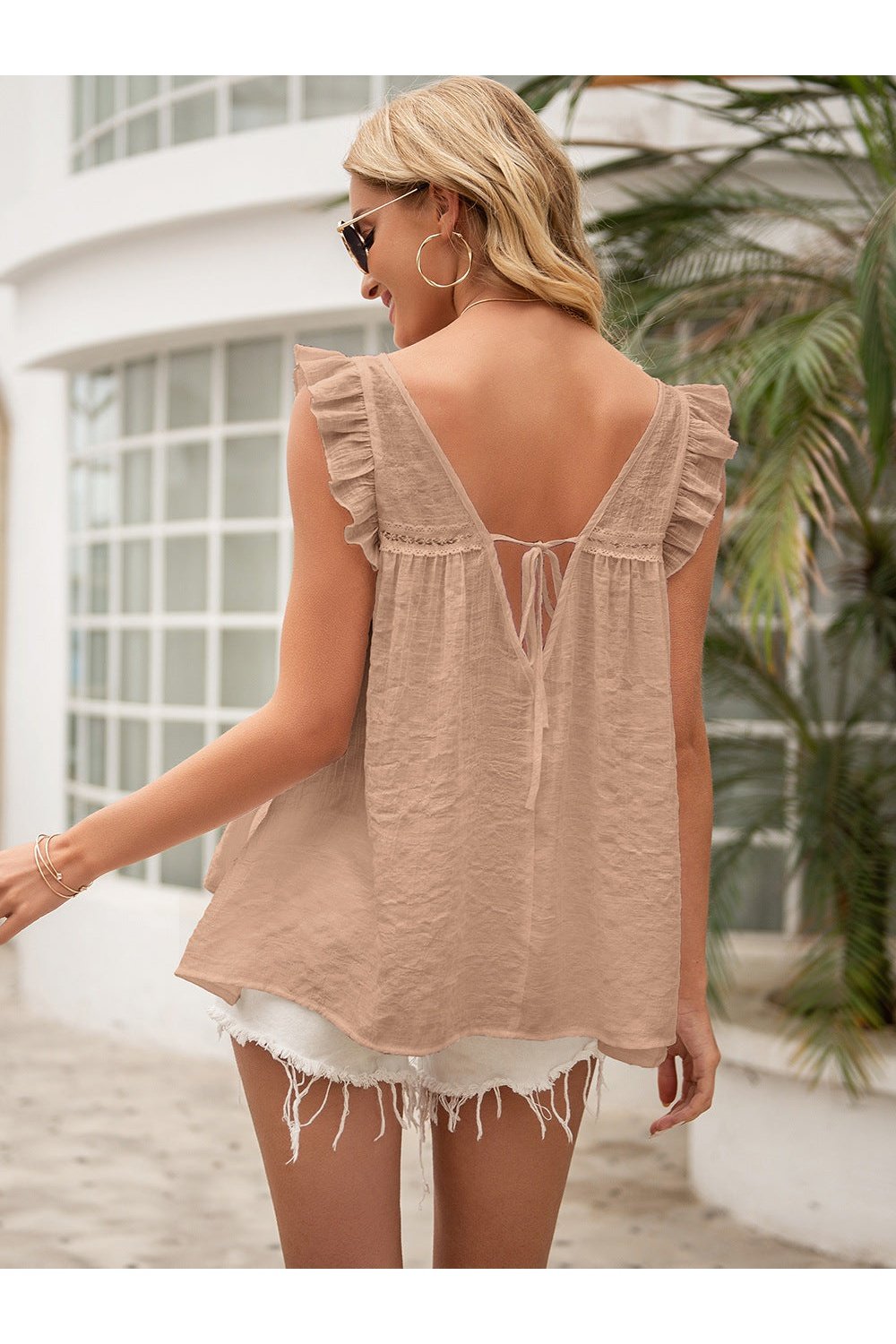 Tie Back V-Neck Ruffled Blouse