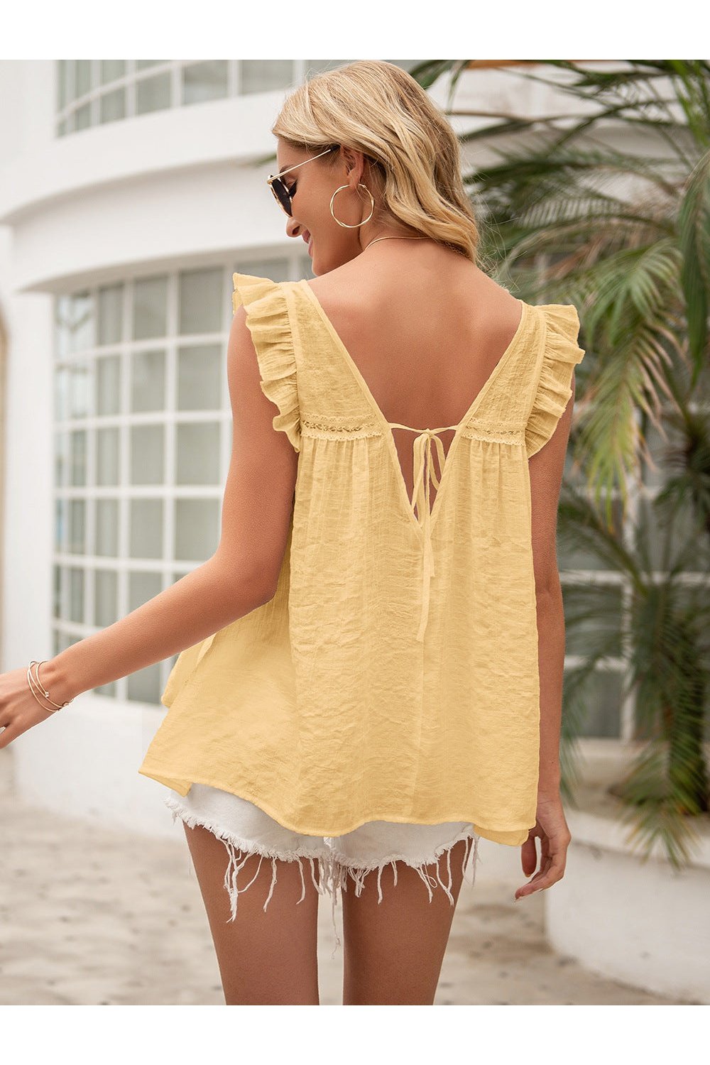 Tie Back V-Neck Ruffled Blouse