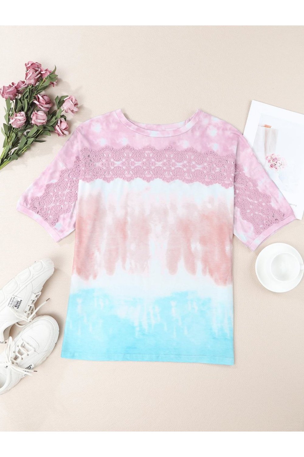 Tie-Dye Lace Trim Round Neck Top