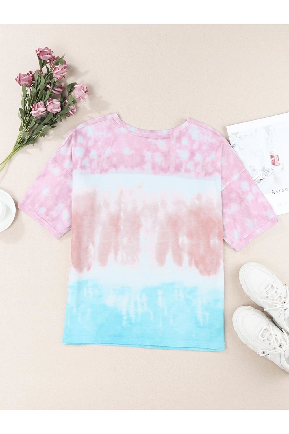 Tie-Dye Lace Trim Round Neck Top