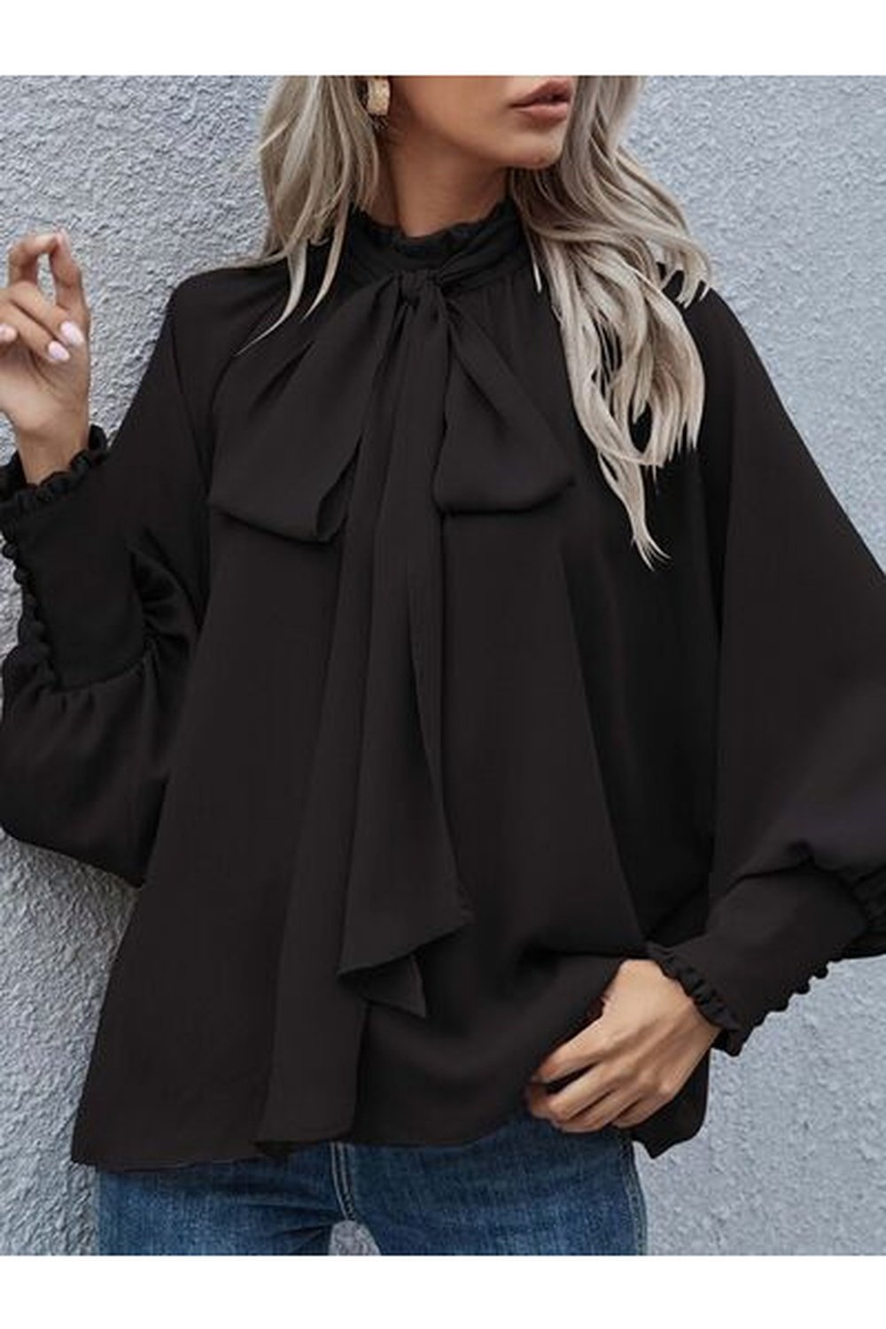 Tie Neck Lantern Sleeve Blouse